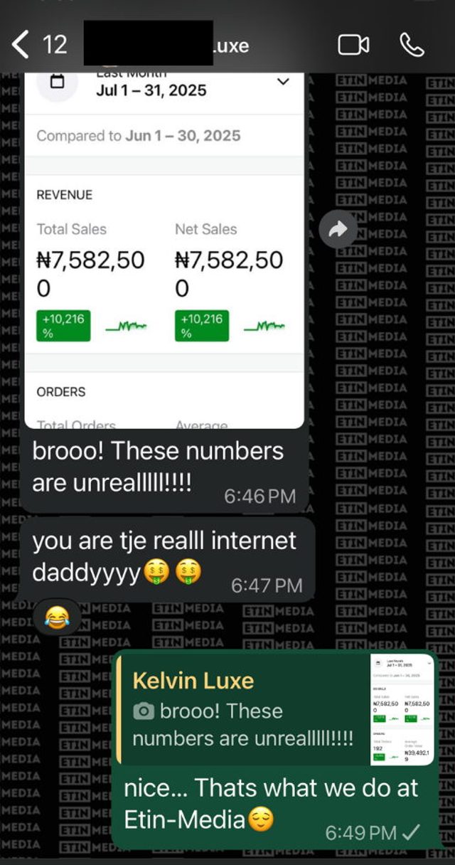 WhatsApp: Kelvin Luxe sales dashboard showing ₦7,582,500 in monthly sales