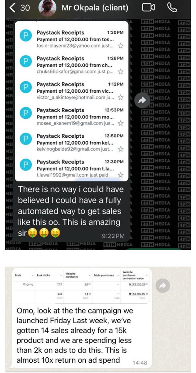 WhatsApp: Mr Okpala with a stack of ₦12,000 Paystack payment receipts