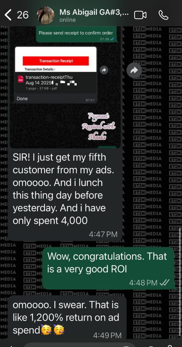 WhatsApp: Ms Abigail, 5 customers on ₦4,000 ad spend