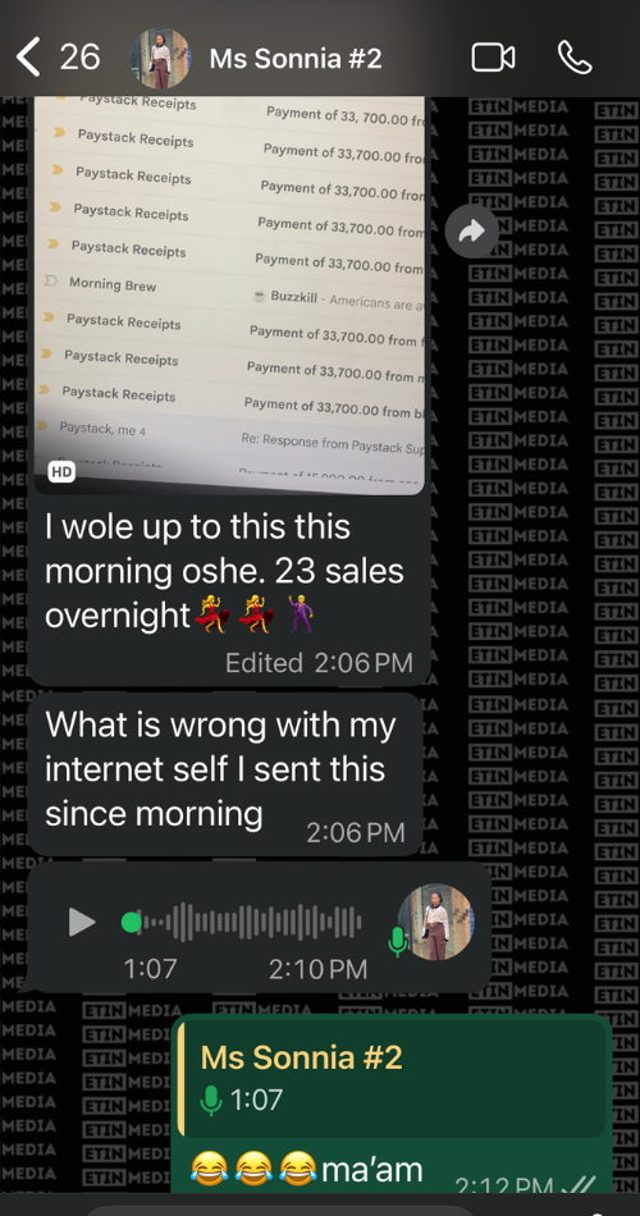 WhatsApp: Ms Sonnia with a stack of ₦33,700 Paystack receipts