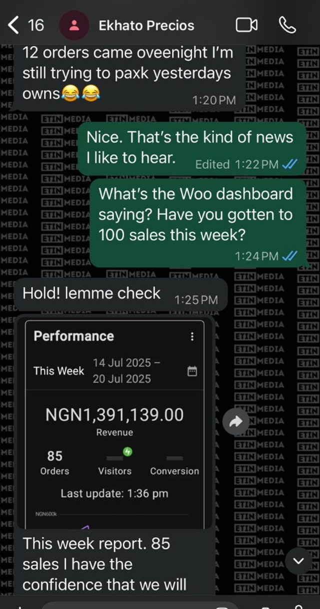 WhatsApp: Ekhato Precios, ₦1,391,139 revenue and 85 orders in a week